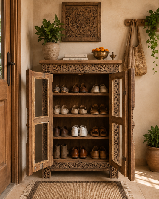 Teak Wood Carved Storage Cabinet with Glass Doors / Shoe Rack Cabinet