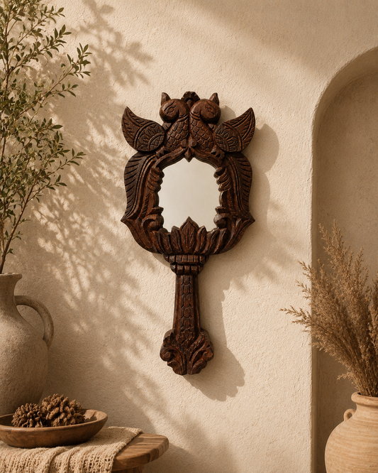 Handcrafted Reclaimed Wood Love Parrots Wall Hanging Mirror | Vintage Wooden Wall Decor
