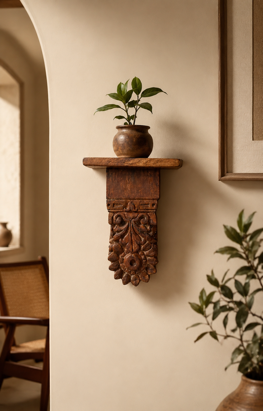 Hand-Carved Wooden Wall Bracket Shelf