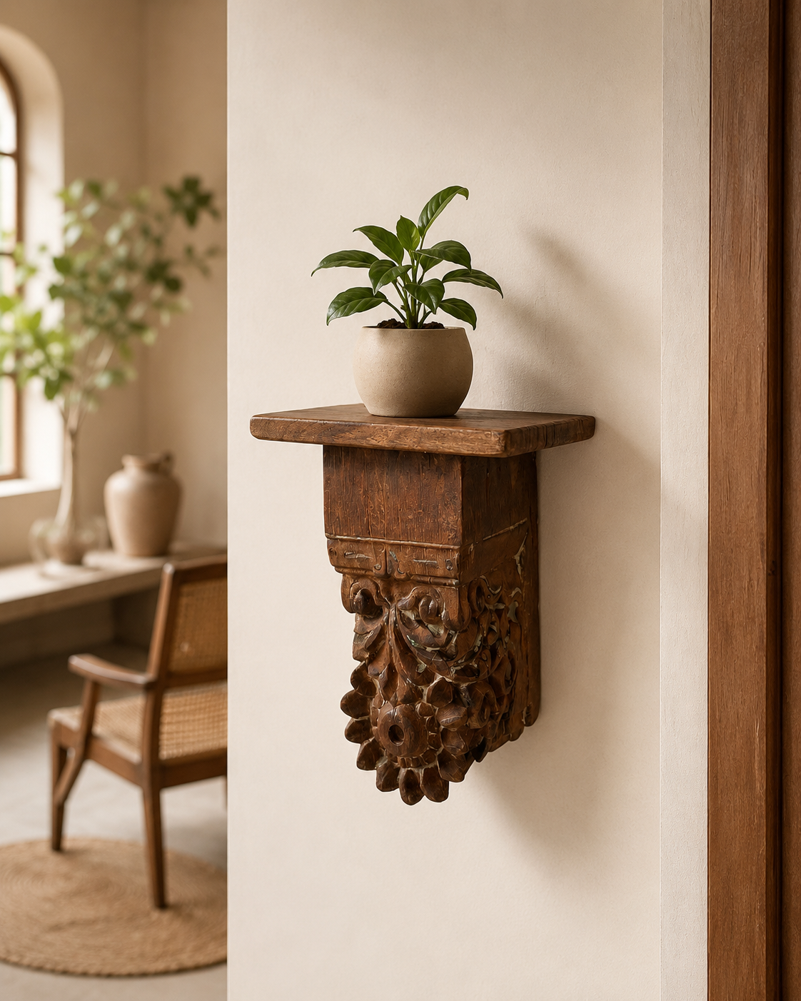hand-carved wooden wall bracket shelf