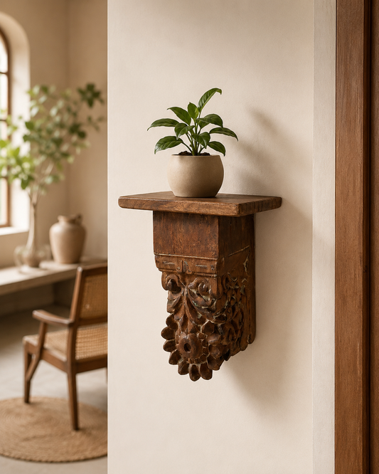 Hand-Carved Wooden Wall Bracket Shelf