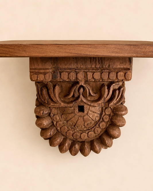 Handcrafted Teak Wood Carved Wall Shelf