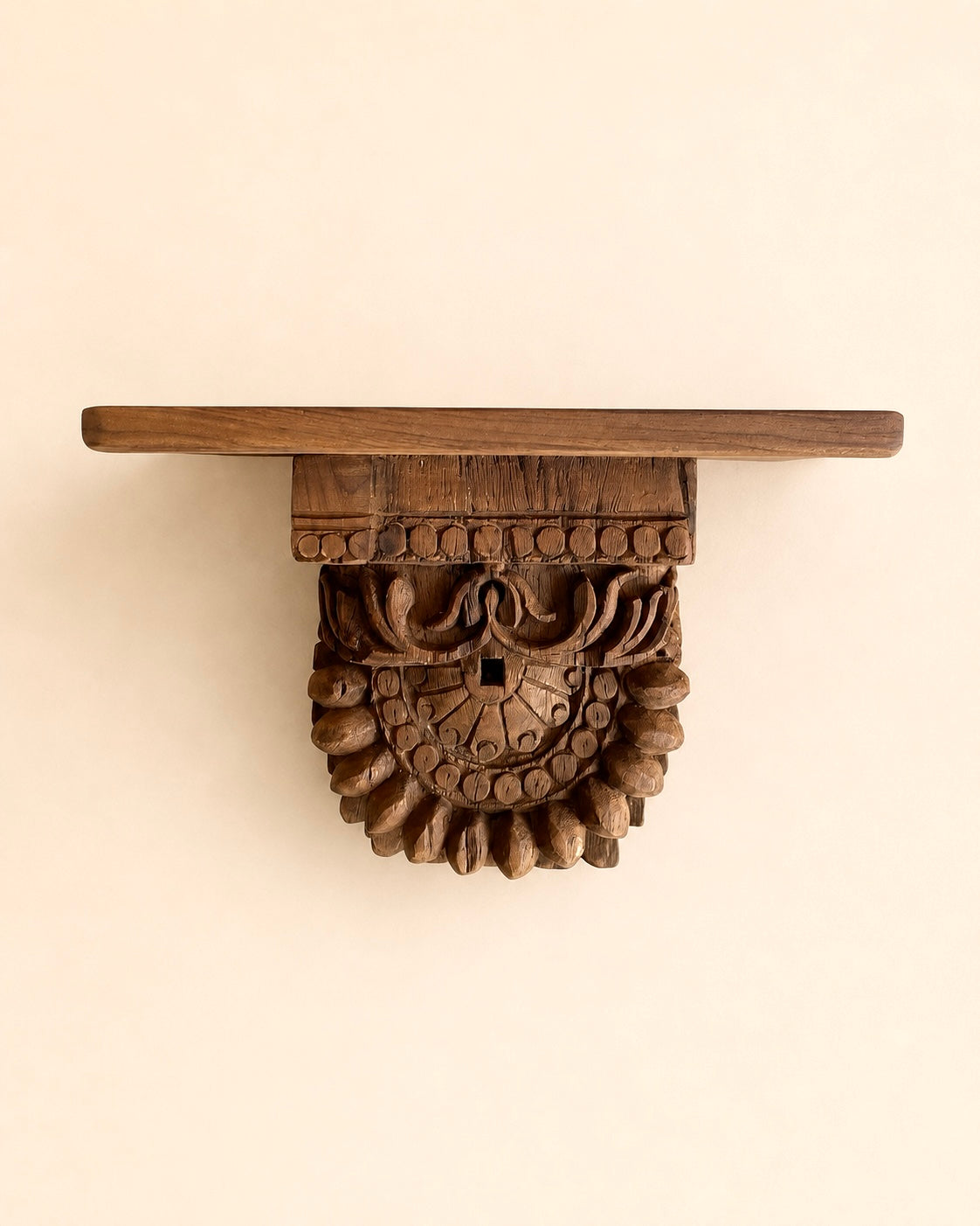 handcrafted teak wood carved wall shelf