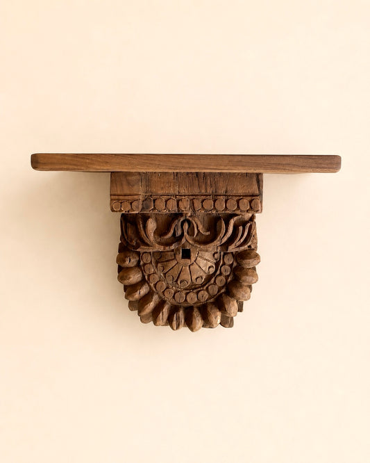 Handcrafted Teak Wood Carved Wall Shelf