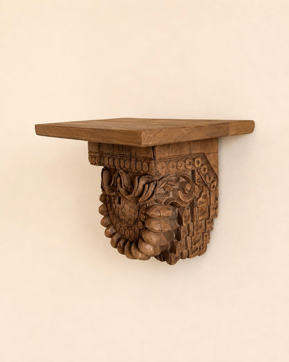 Handcrafted Teak Wood Carved Wall Shelf