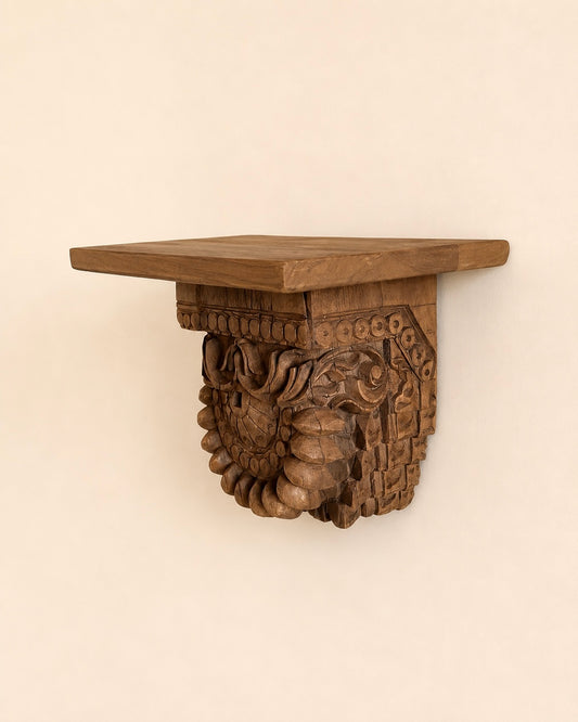 Handcrafted Teak Wood Carved Wall Shelf