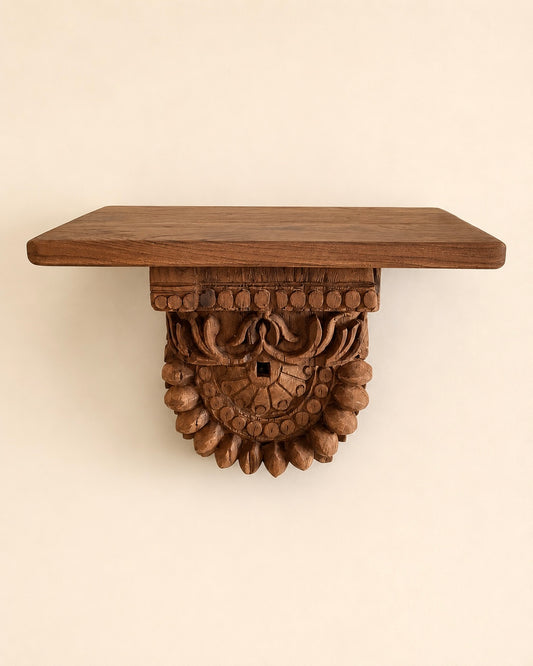 Handcrafted Teak Wood Carved Wall Shelf