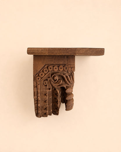 Handcrafted Teak Wood Carved Wall Shelf
