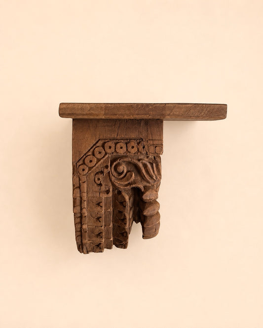 Handcrafted Teak Wood Carved Wall Shelf