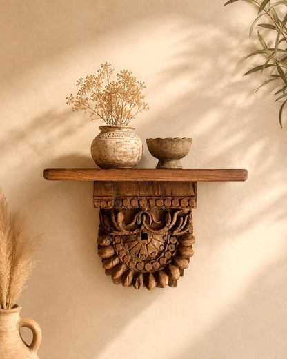 Handcrafted Teak Wood Carved Wall Shelf