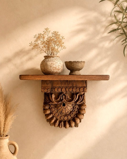 Handcrafted Teak Wood Carved Wall Shelf