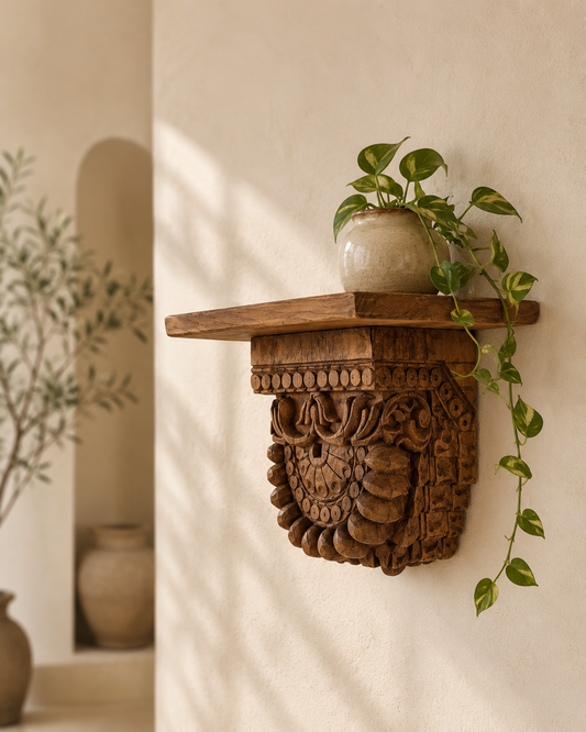 Handcrafted Teak Wood Carved Wall Shelf