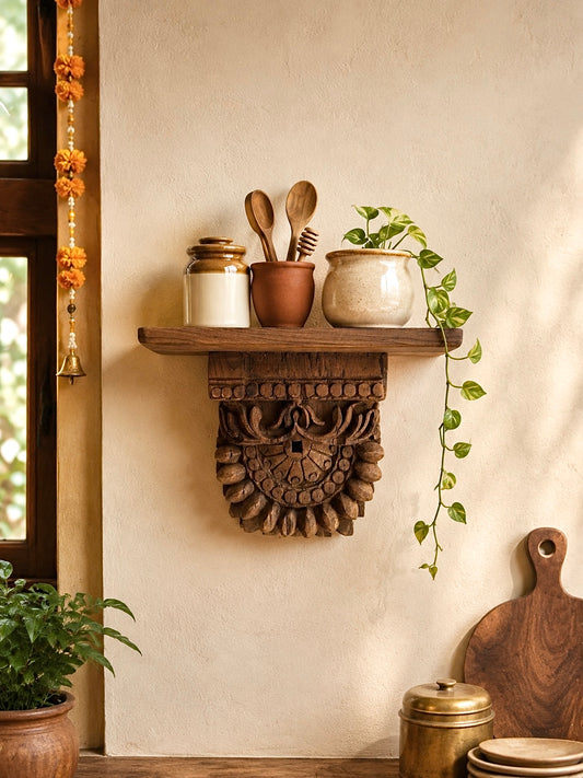 Handcrafted Teak Wood Carved Wall Shelf