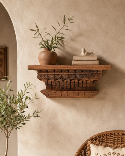 Antique Teak Wood Hand Carved Wall Shelf | Vintage Temple Style Display Shelf