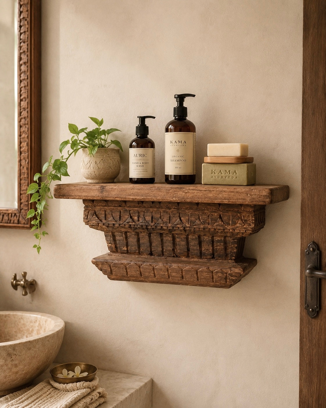 antique teak wood hand carved wall shelf | vintage temple style display shelf
