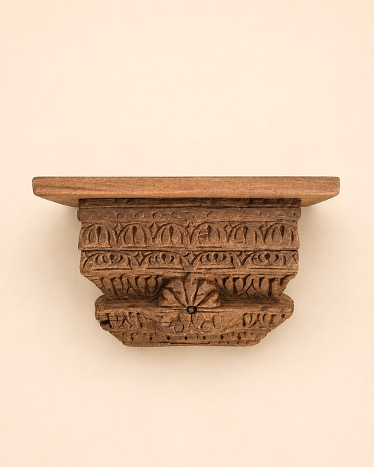 Vintage Floral Carved Teak Wood Wall Shelf