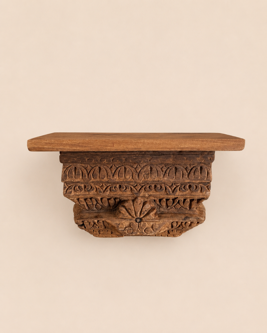 Vintage Floral Carved Teak Wood Wall Shelf