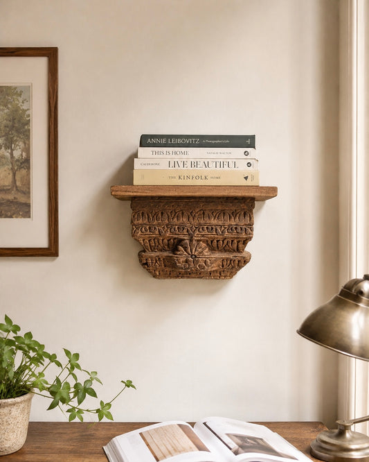 Vintage Floral Carved Teak Wood Wall Shelf