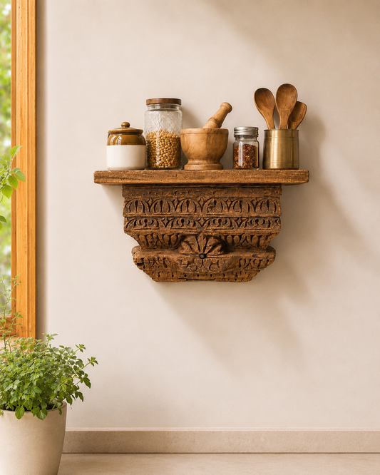 Vintage Floral Carved Teak Wood Wall Shelf