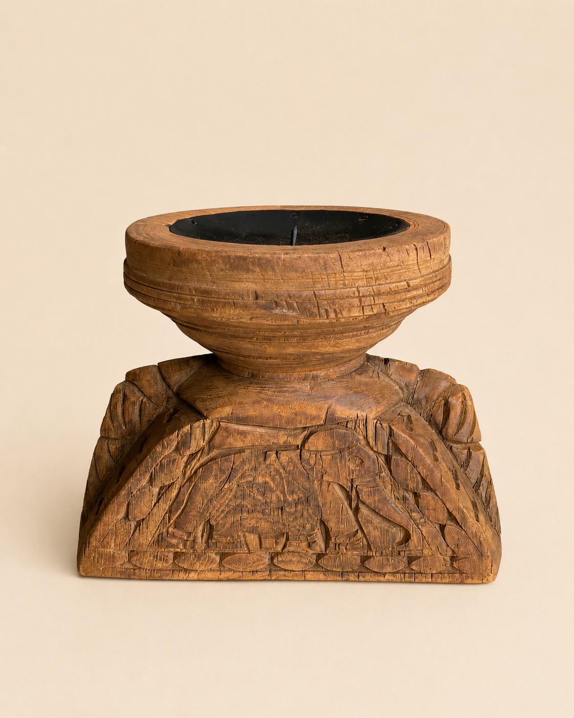 vintage hand carved teak wood candle holder