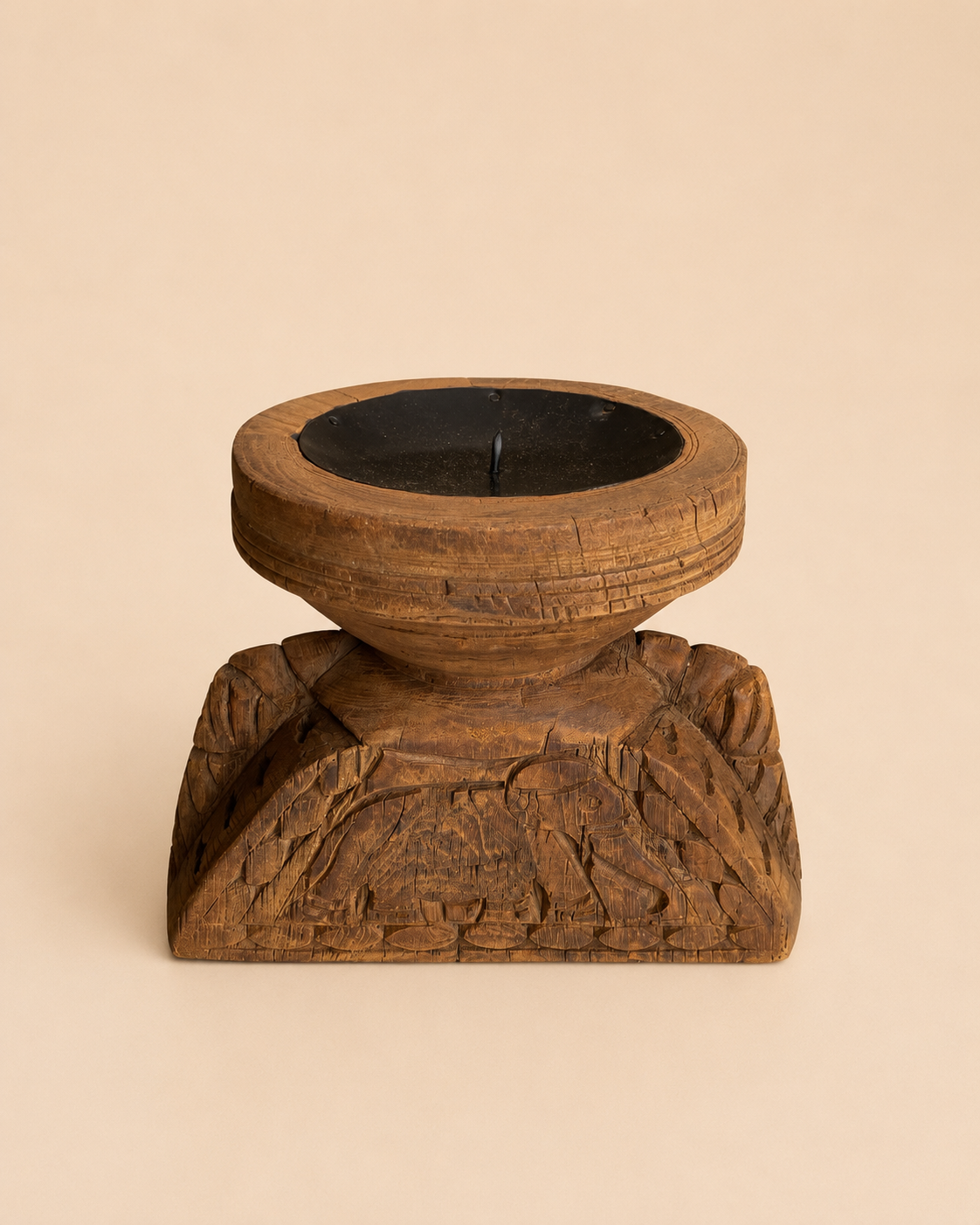 vintage hand carved teak wood candle holder