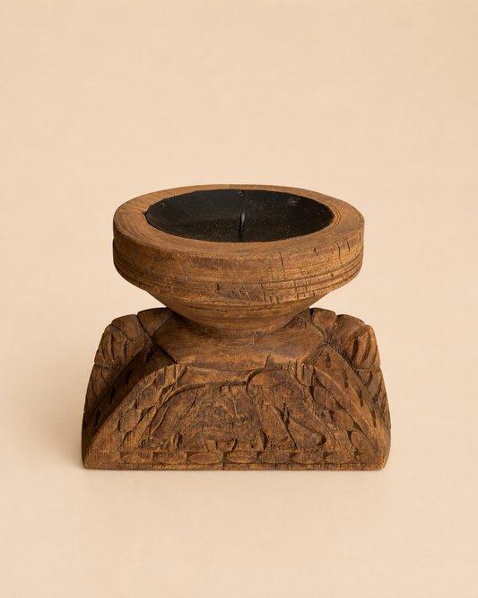 Vintage Hand Carved Teak Wood Candle Holder