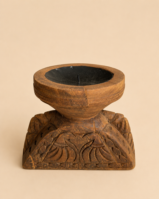 Vintage Hand Carved Teak Wood Candle Holder