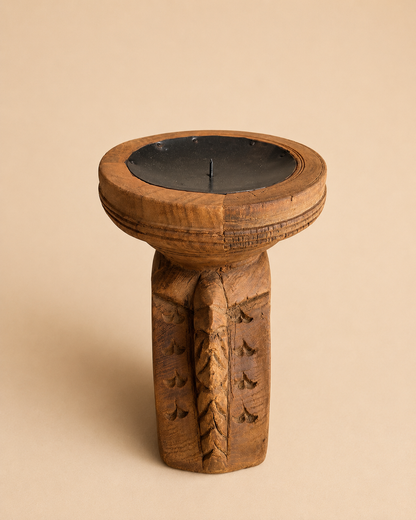 Vintage Hand Carved Teak Wood Candle Holder