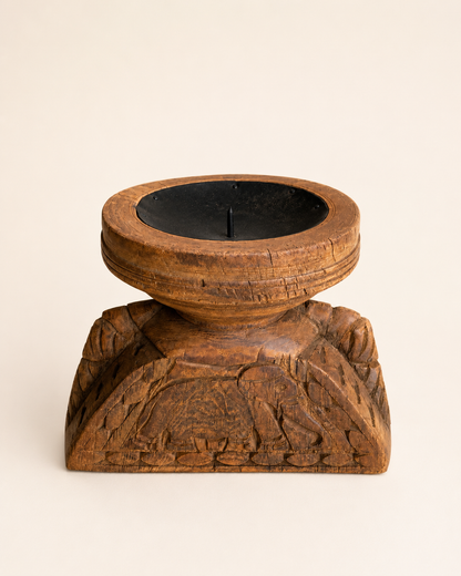 Vintage Hand Carved Teak Wood Candle Holder