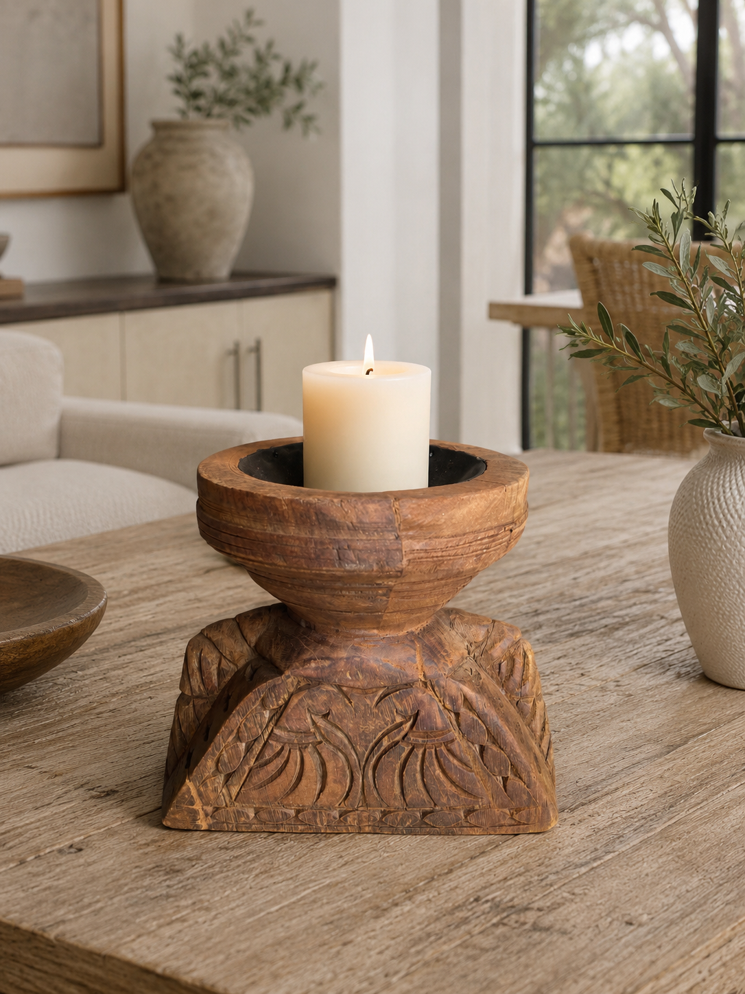 vintage hand carved teak wood candle holder