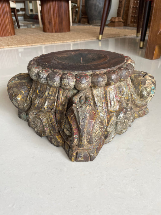 Vintage Distressed Old Gujarat Pillar Base Candle Holder