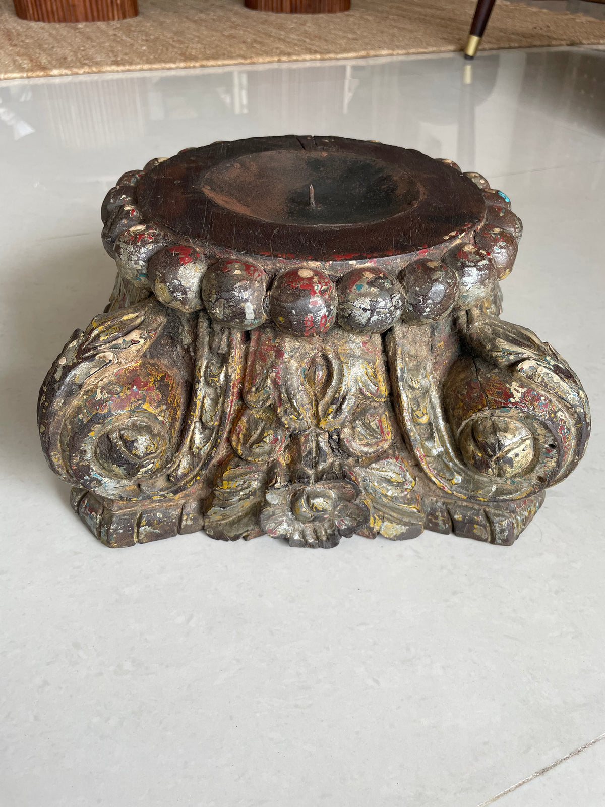 vintage distressed old gujarat pillar base candle holder