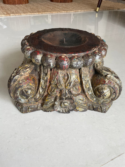 Vintage Distressed Old Gujarat Pillar Base Candle Holder