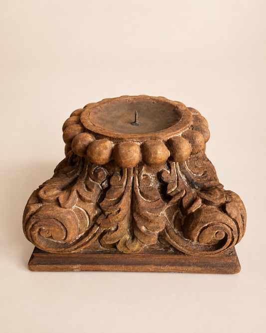Vintage Gujarat Hand-Carved Pillar Base Candle Holder