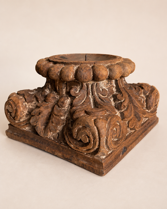Vintage Gujarat Hand-Carved Pillar Base Candle Holder