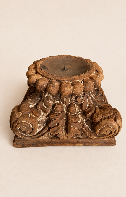 Vintage Gujarat Hand-Carved Pillar Base Candle Holder