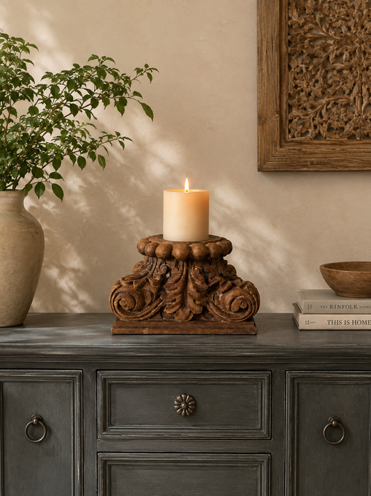 Vintage Gujarat Hand-Carved Pillar Base Candle Holder