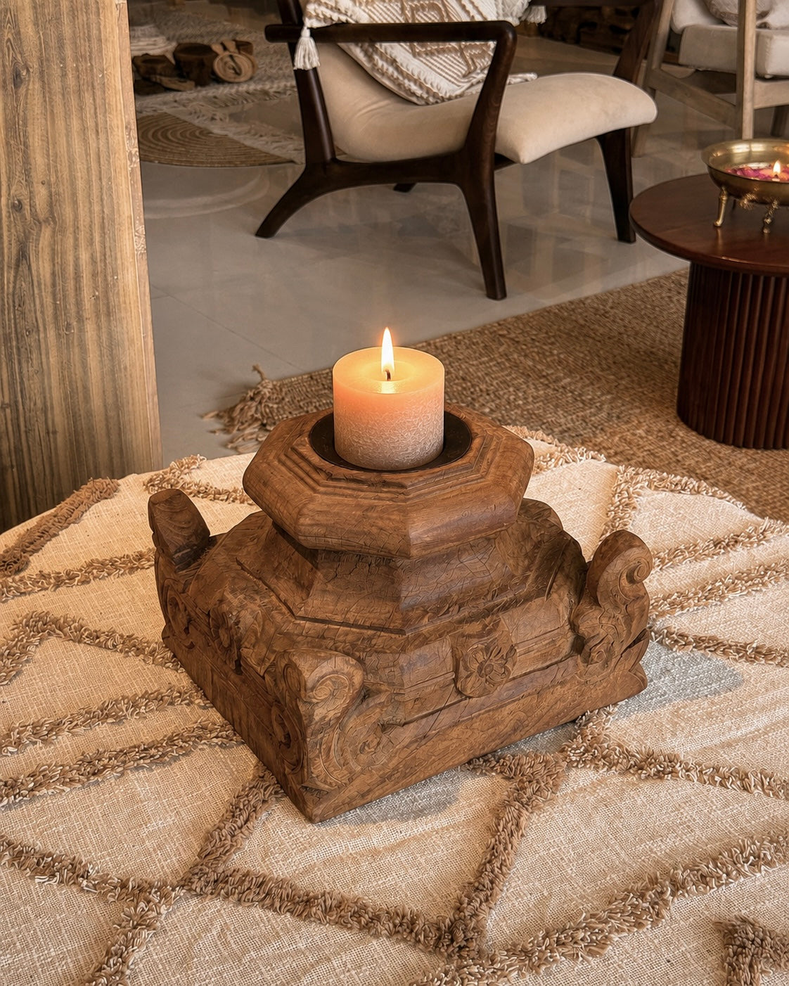 hand-carved gujarat pillar base candle stand