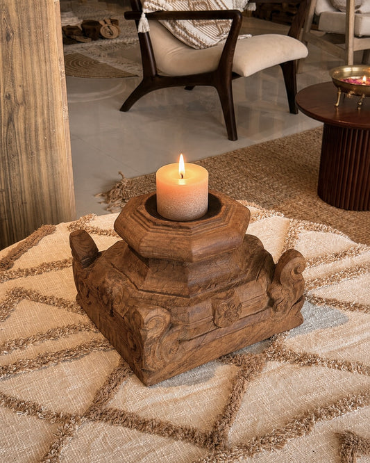 Hand-Carved Gujarat Pillar Base Candle Stand