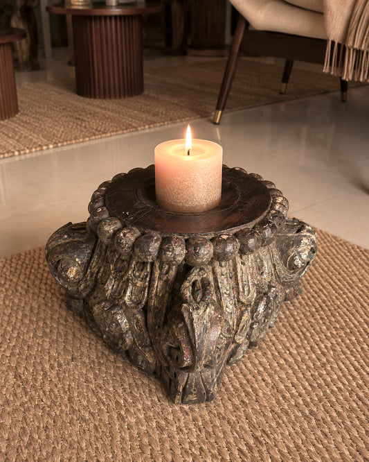 Vintage Distressed Old Gujarat Pillar Base Candle Holder