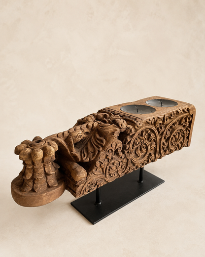 Vintage Hand-Carved Teak Wood Double Candle Holder