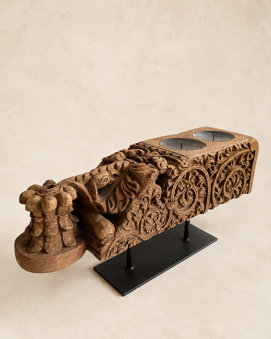 Vintage Hand-Carved Teak Wood Double Candle Holder