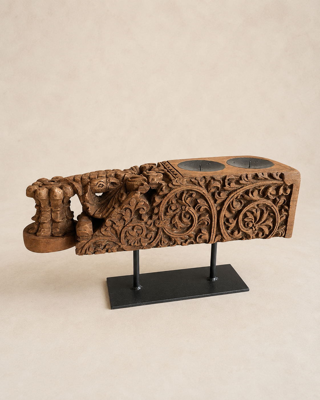 vintage hand-carved teak wood double candle holder