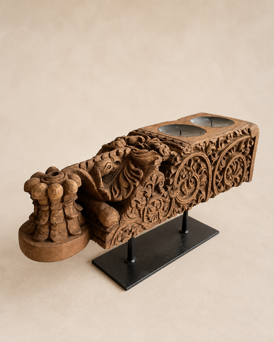 vintage hand-carved teak wood double candle holder