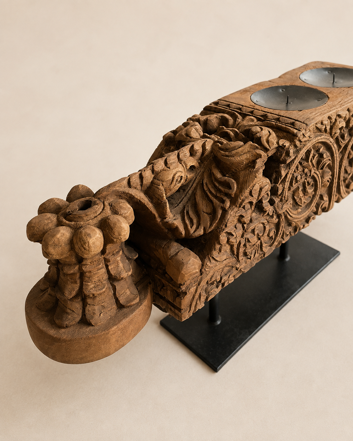 vintage hand-carved teak wood double candle holder