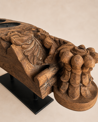 Vintage Hand-Carved Teak Wood Double Candle Holder