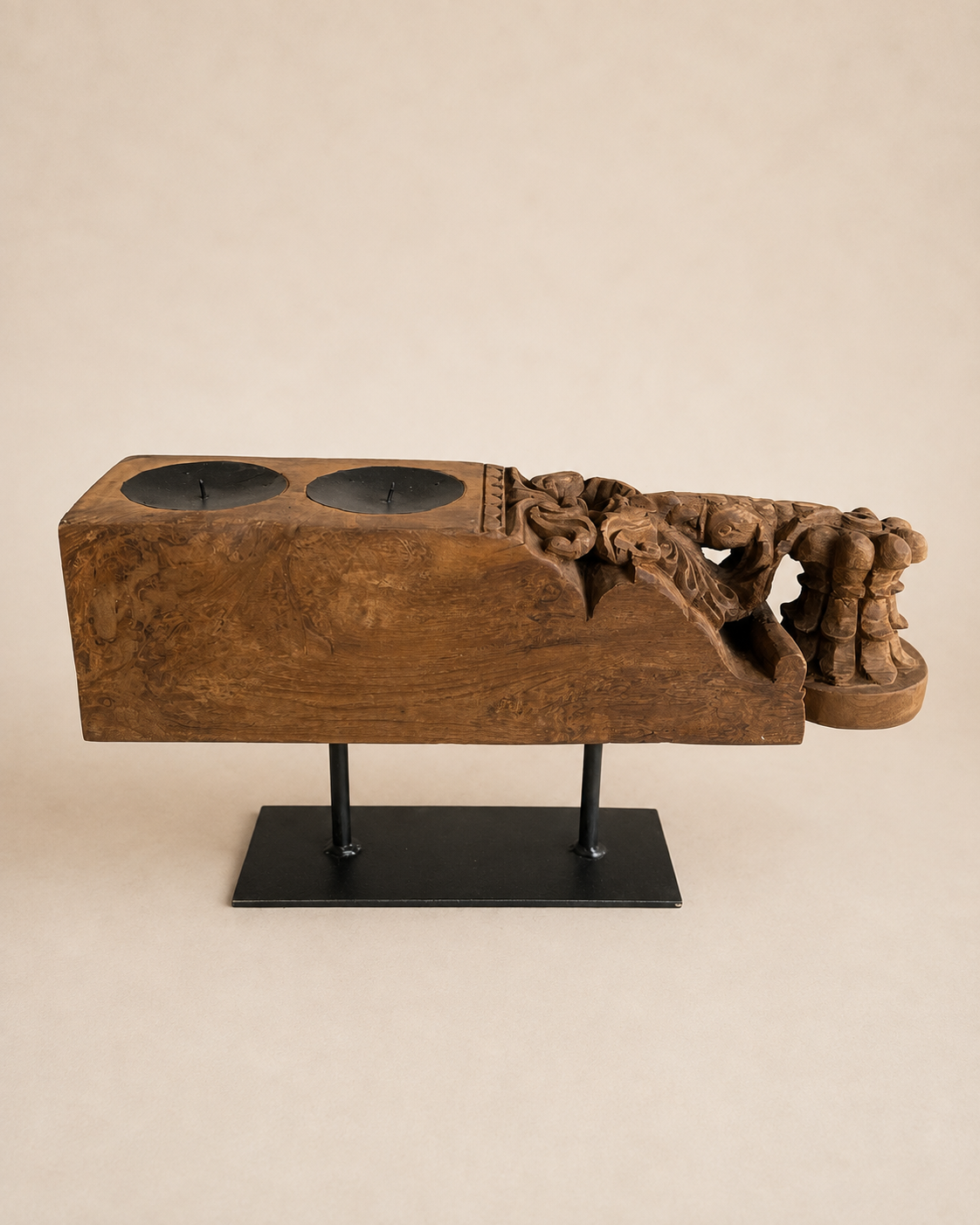 vintage hand-carved teak wood double candle holder