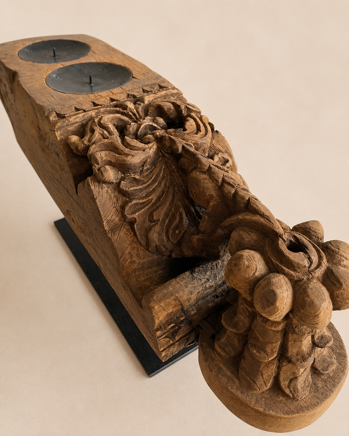 vintage hand-carved teak wood double candle holder