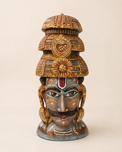 Shiva Inspired Hand-Painted Wooden Face Sculpture