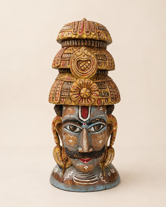 Shiva Inspired Hand-Painted Wooden Face Sculpture